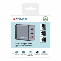 Verbatim VERBATIM GAN 65W NÁSTĚNNÁ NABÍJEČKA 2XUSB-C/USB-A + EU/UK/US GNC-65 ADAPTÉR 32201