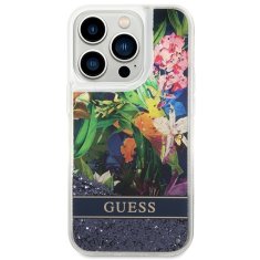 Guess GUESS GUHCP14XLFLSB IPHONE 14 PRO MAX 6,7" MODRO/MODRÉ PEVNÉ POUZDRO FLOWER LIQUID GLITTER