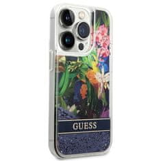 Guess GUESS GUHCP14XLFLSB IPHONE 14 PRO MAX 6,7" MODRO/MODRÉ PEVNÉ POUZDRO FLOWER LIQUID GLITTER