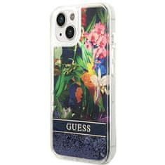 Guess GUESS GUHCP14MLFLSB IPHONE 14 PLUS / 15 PLUS 6,7" MODRO/MODRÉ PEVNÉ POUZDRO FLOWER LIQUID GLITTER