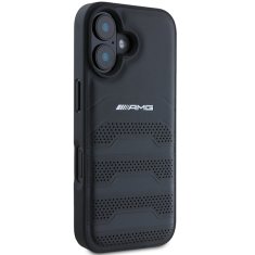 MERCEDES AMG AMHCP16SGEBK IPHONE 16 6,1" ČERNÝ/ČERNÝ PEVNÝ OBAL KŮŽE S VYRAŽENÝMI LINIEMI ČERNÉ LOGO