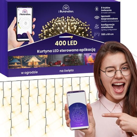 shumee 400 LED světelný závěs - teplá bílá - řízená aplikací