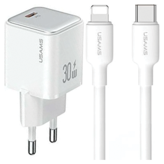 USAMS USAMS LAD. SÍŤ. 1XUSB-C PD30W PD3.0 FAST CHARGING US-CC186 + USB-C/LIGHTNING KABEL US-SJ610 BÍLÁ/BÍLÁ YX SERIES YXXLOGTC04