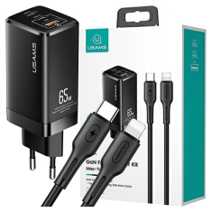 USAMS USAMS LAD. SÍŤ. MT 2XUSB-C+USB GAN 65W T33 PD + USB-C-LIGHTNING KABEL 30W RYCHLÉ NABÍJENÍ ČERNÁ/ČERNÁ MTXLOGTL01