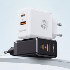 USAMS USAMS LAD. SÍŤ. 1XUSB-C+1XUSB 45W (POUZE HLAVA) GAN PD3.0 +QC3.0 RYCHLÉ NABÍJENÍ ČERNÁ/ČERNÁCC178TC01 (US-CC178)