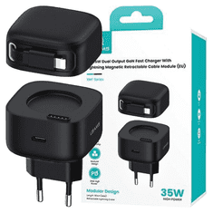 USAMS USAMS LAD. SÍŤ. 1XUSB-C SE ZASOUVACÍM KABELEM LIGHTNING RETRACTABLE PD+QC 35W GAN FAST CHARGING BLACK/BLACK XMF SERIES CC209TC01 (US-CC209)