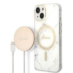 Guess Sada nabíječky Guess MagSafe + pouzdro pro iPhone 14 6.1 white Marble (GUBPP14LHMEACSH)