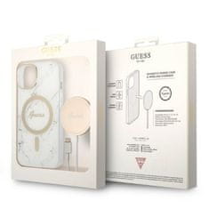 Guess Sada nabíječky Guess MagSafe + pouzdro pro iPhone 14 6.1 white Marble (GUBPP14LHMEACSH)