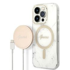 Guess Sada nabíječky Guess MagSafe + pouzdro pro iPhone 14 Pro 6.1 white Marble (GUBPP14LHMEACSH)