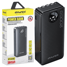 Awei AWEI POWERBANK P134K 20000MAH ČERNO/ČERNÝ DISPLEJ + KABELY USB/PD/LIGHTNING/MICROUSB