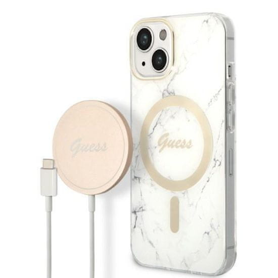 Guess GUBPP14SHMEACSH sada nabíječky MagSafe a pouzdra na iPhone 14 6.1" white Marble MagSafe