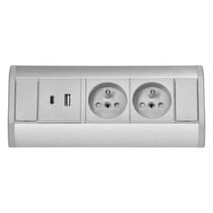 Orno Povrchová zásuvka ORNO OR-GM-9039/G, rohové pouzdro, 2x 230V, 2x USB (A+C type; 2.4A), barva šedá-stříbrná