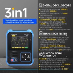 Osciloskop 500kHz, generátor funkcí a tester součástek FNIRSI DSO-TC3