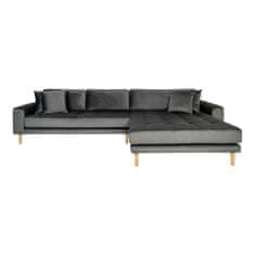 House Nordic Lounge Sofa, pravá strana, tmavě šedý samet, čtyři polštáře a nohy z přírodního dřeva, HN1013