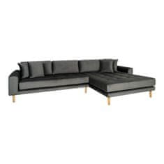 House Nordic Lounge Sofa, pravá strana, tmavě šedý samet, čtyři polštáře a nohy z přírodního dřeva, HN1013