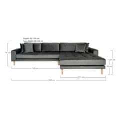 House Nordic Lounge Sofa, pravá strana, tmavě šedý samet, čtyři polštáře a nohy z přírodního dřeva, HN1013