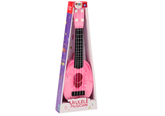 Lean-toys Ukulele Pro Děti Mini Kytara 4 Struny Motiv Broskve Kytara Růžová 15″