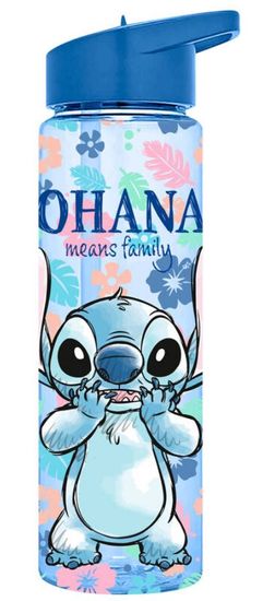 CurePink Plastová láhev na pití s brčkem Disney|Lilo & STitch: Ohana znamená rodina (objem 600 ml)