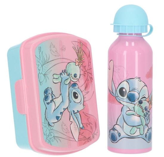 CurePink Svačinový set - láhev a box na svačinu Disney|Lilo & Stitch: Stitch a Scrumps (objem láhve 500 ml|box 17 x 11 x 6 cm)