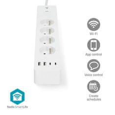 Nedis Wi-Fi chytrý prodlužovací přívod/ 3x zásuvka typu E/ 16A/ 2x USB-A/ 2x USB-C/ 2m/ Android/ iOS/ bílá