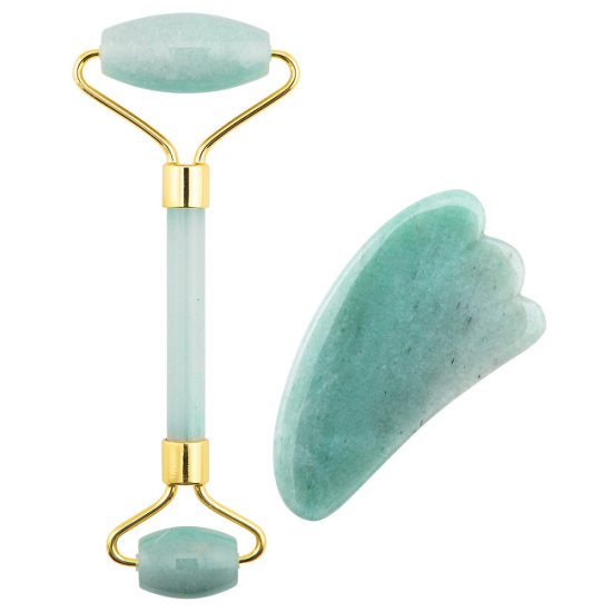 Masážní váleček a destička Guasha jadeit (Green Aventurine Jade Roller & Gua Sha Set)