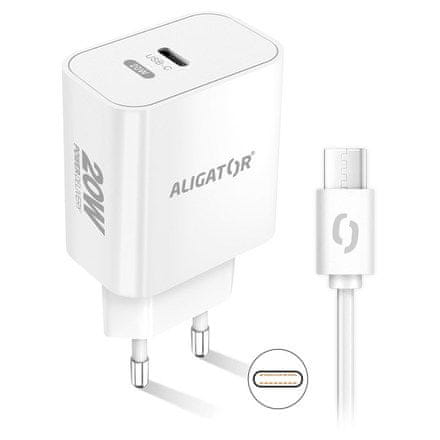 Aligator Nabíječka do sítě Power Delivery 20W, USB-C + USB-C kabel - bílá