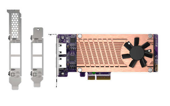 Qnap QM2 series, 2 x PCIe 2280 M.2 SSD slots, PCIe Gen3 x 4, 2 x Intel I225LM 2.5GbE NBASE-T port