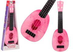 Lean-toys Ukulele Pro Děti Mini Kytara 4 Struny Motiv Broskve Kytara Růžová 15″