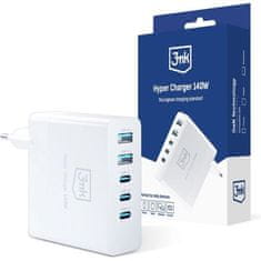 3MK Hyper Charger 140W síťová nabíječka, GaN 3x USB-C (PD) / 2x USB bílá