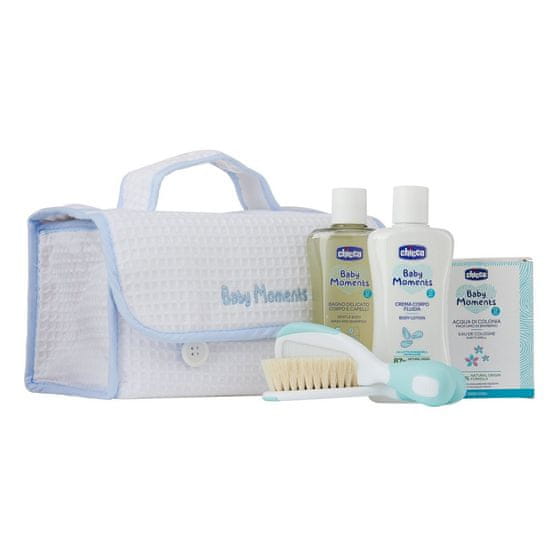 shumee Baby Moments Blue set mycí prostředek 200ml + tělový balzám 200ml + parfémovaná voda 100ml + kartáč a hřeben + kosmetická taštička