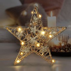 Solight Solight vánoční hvězda glitter, zlatá, kovová, 14x LED, 2x AA