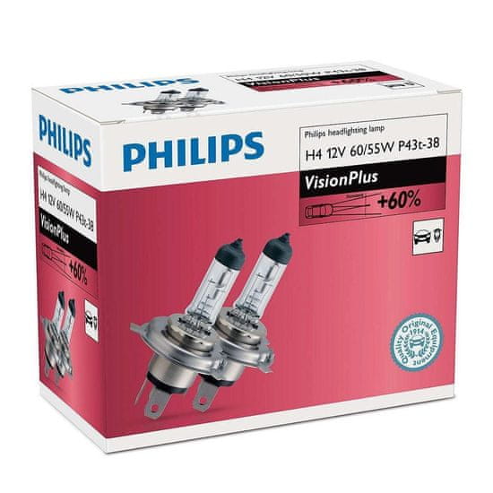 Philips Philips H4 12V 60/55W P43t Vision Plus plus 60procent 2ks 12342VPC2