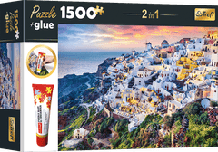 Trefl TREFL Sada 2v1 puzzle Nádherný ostrov Santorini, Řecko 1500 dílků s lepidlem