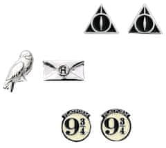 CurePink Postříbřené náušnice Harry Potter: Hedvika - Relikvie - Nástupiště 9 a 3/4 set 3 párů (1 x 1 cm|1,5 x 1,5 cm)