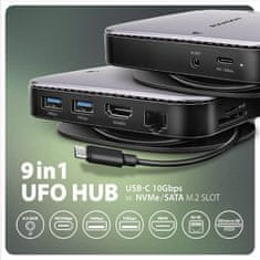 AXAGON HMC-UFO, USB 10Gbps hub, 2x USB-A, USB-C, HDMI 4k/60, RJ-45, M.2 slot, SD/mSD, audio, PD