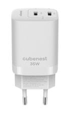 CubeNest S2D1 GaN Adaptér 35W bílá (2× USB-C až 35 W), PD, přepěťová a podpěťová ochrana, s technologií GaN, pro iPhone