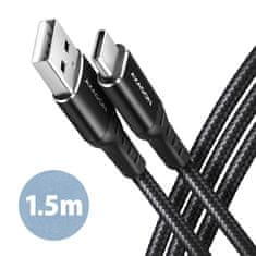 AXAGON kabel USB-C - USB-A, USB 2.0, 3A, ALU, opletený, 1.5m, černá