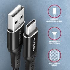 AXAGON kabel USB-C - USB-A, USB 2.0, 3A, ALU, opletený, 1.5m, černá