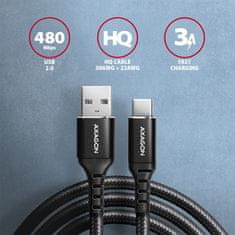 AXAGON kabel USB-C - USB-A, USB 2.0, 3A, ALU, opletený, 1.5m, černá