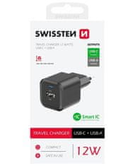 Swissten síťový adaptér 12w 1x usb-c + 1x usb-a černý