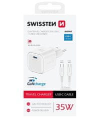 Swissten síťový adaptér gan 1x usb-c 35w power delivery bílý + datový kabel usb-c/usb-c 1,2 m bílý