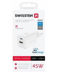 Swissten síťový adaptér gan 1x usb-c 45w pd + 1x usb-a 18w qc bílý