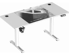 Ultradesk Herní stůl LEVEL V2 WHITE, 140x68cm, 72-117cm, elektricky nastavitelná výška, s XXL podložkou pod myš, držák sluchátek i nápoj (UDESK-LVA-WT)