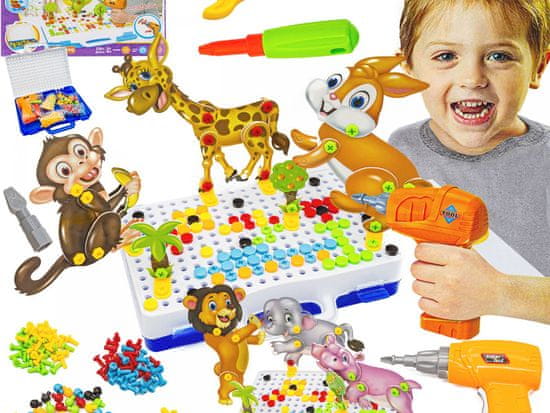 shumee Kreativní ZOO Mozaika v kufru 198 ks. Stavebnice 3D puzzle, bloky, šroubovák