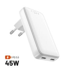 FIXED Síťová GaN nabíječka Slim s 2x USB-C výstupem a podporou PD, 45W, bílá FIXCG45S-2C-WH