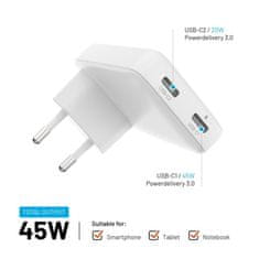 FIXED Síťová GaN nabíječka Slim s 2x USB-C výstupem a podporou PD, 45W, bílá FIXCG45S-2C-WH