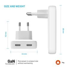 FIXED Síťová GaN nabíječka Slim s 2x USB-C výstupem a podporou PD, 45W, bílá FIXCG45S-2C-WH