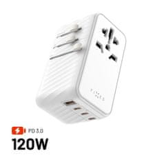 FIXED Cestovní adaptér Voyager 120W pro EU, UK a USA/AUS, s 3xUSB-C a 1xUSB výstupem, GaN, PD 120W, bílý FIXCT120-3C1A-WH