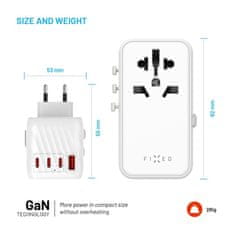 FIXED Cestovní adaptér Voyager 120W pro EU, UK a USA/AUS, s 3xUSB-C a 1xUSB výstupem, GaN, PD 120W, bílý FIXCT120-3C1A-WH