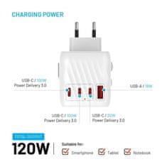 FIXED Cestovní adaptér Voyager 120W pro EU, UK a USA/AUS, s 3xUSB-C a 1xUSB výstupem, GaN, PD 120W, bílý FIXCT120-3C1A-WH